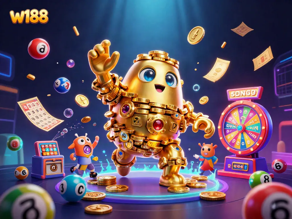 W188 promotional illustration showcasing an ancient golden golem surrounded by vibrant casino-themed elements.