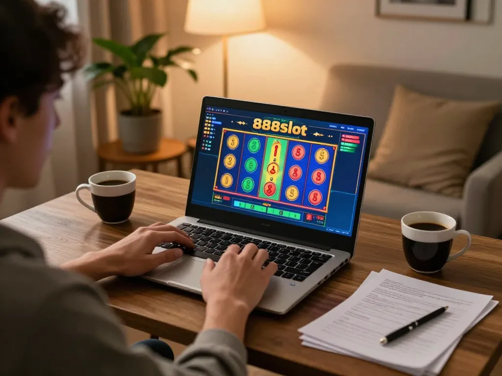 Player engaging with 888slot online gaming interface at home, showcasing colorful slot reels and strategic notes.