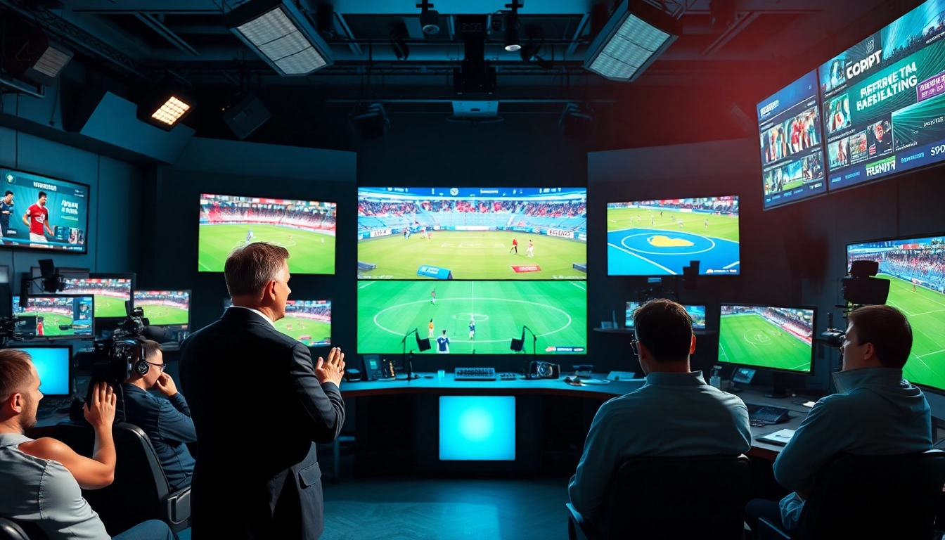 Engaging presenter in a dynamic sports broadcasting studio with advanced equipment.