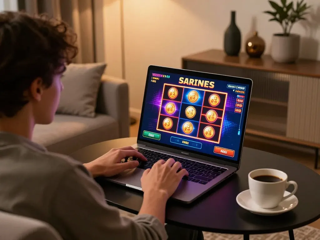 N188 player engaging in dynamic online slot gaming with vibrant visuals on laptop.