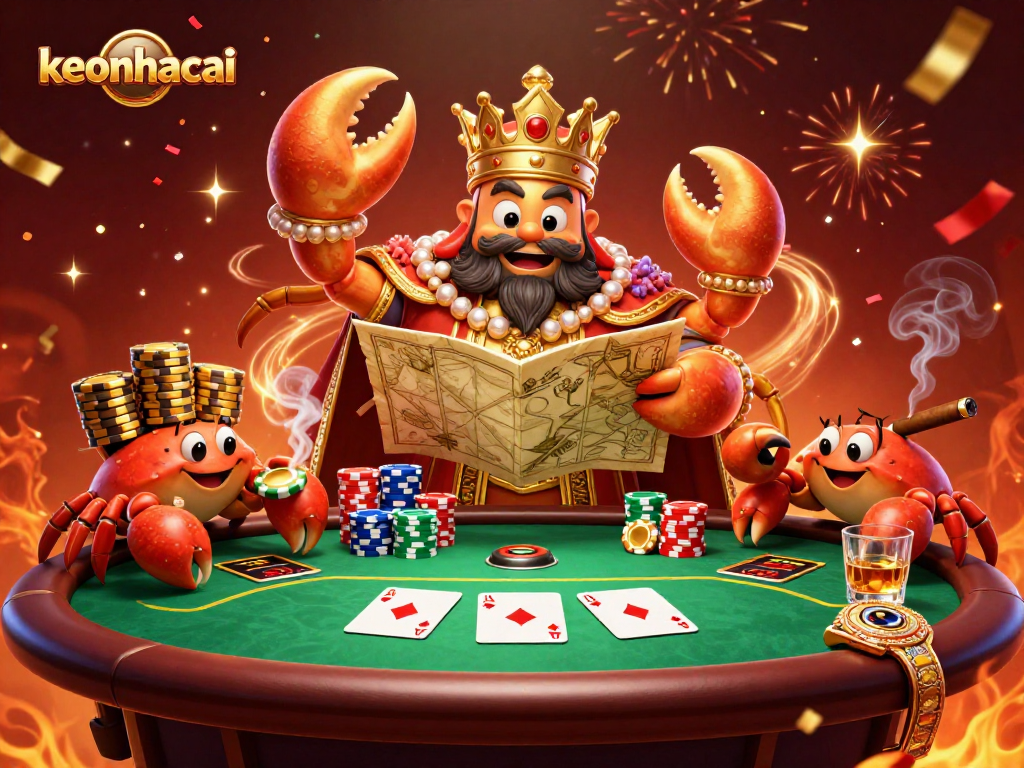 Engage in keonhacai with a 3D golden crab emperor at a vibrant poker scene.