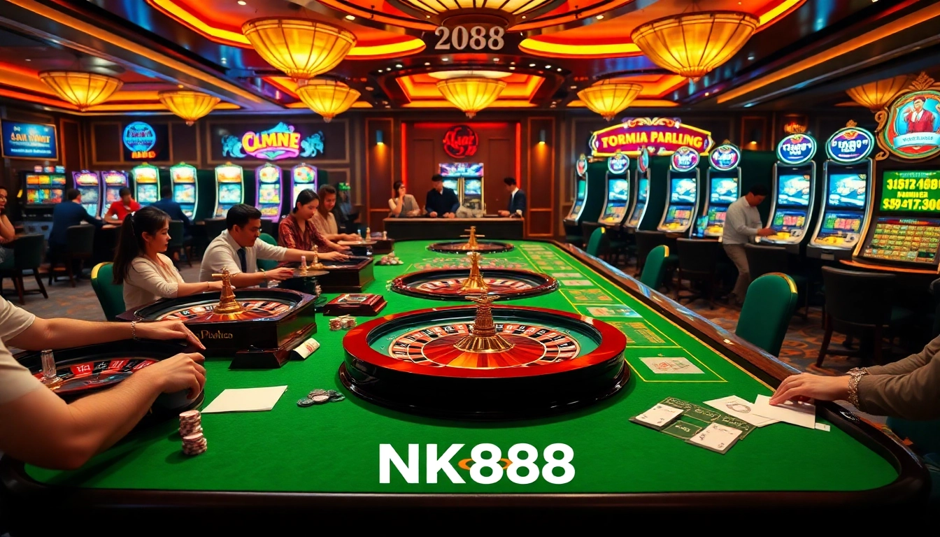 NK888 players enjoying an exciting roulette game in a luxurious casino atmosphere.