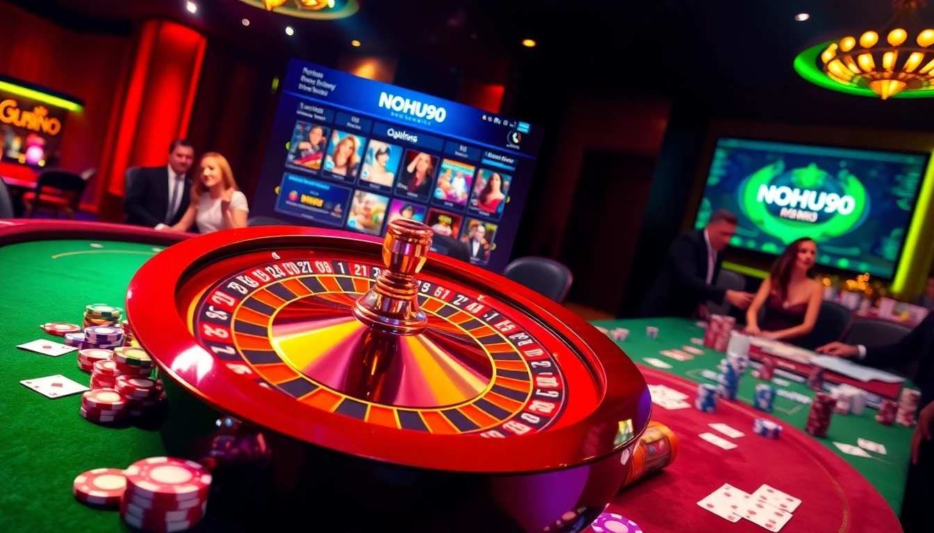 Players enjoying the casino experience at NOHU90 with roulette and poker games.