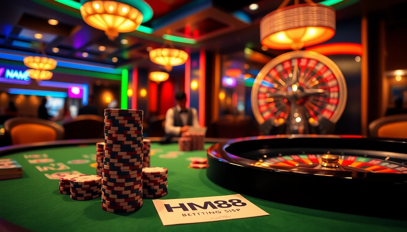 Betting at a high-stakes poker table with HM88 branding and vibrant casino elements.