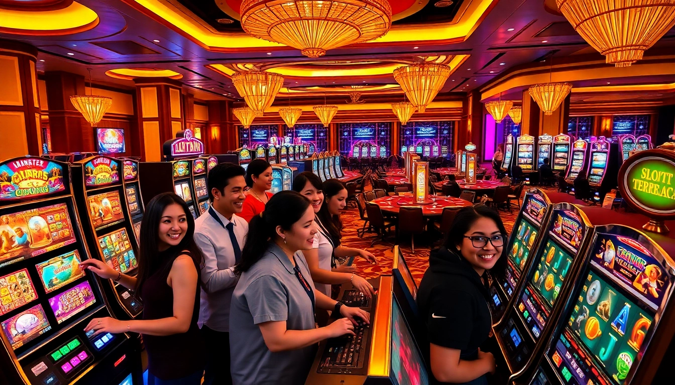 Experience the excitement of Slot Terpercaya with players enjoying vibrant slot machines in a luxurious casino.