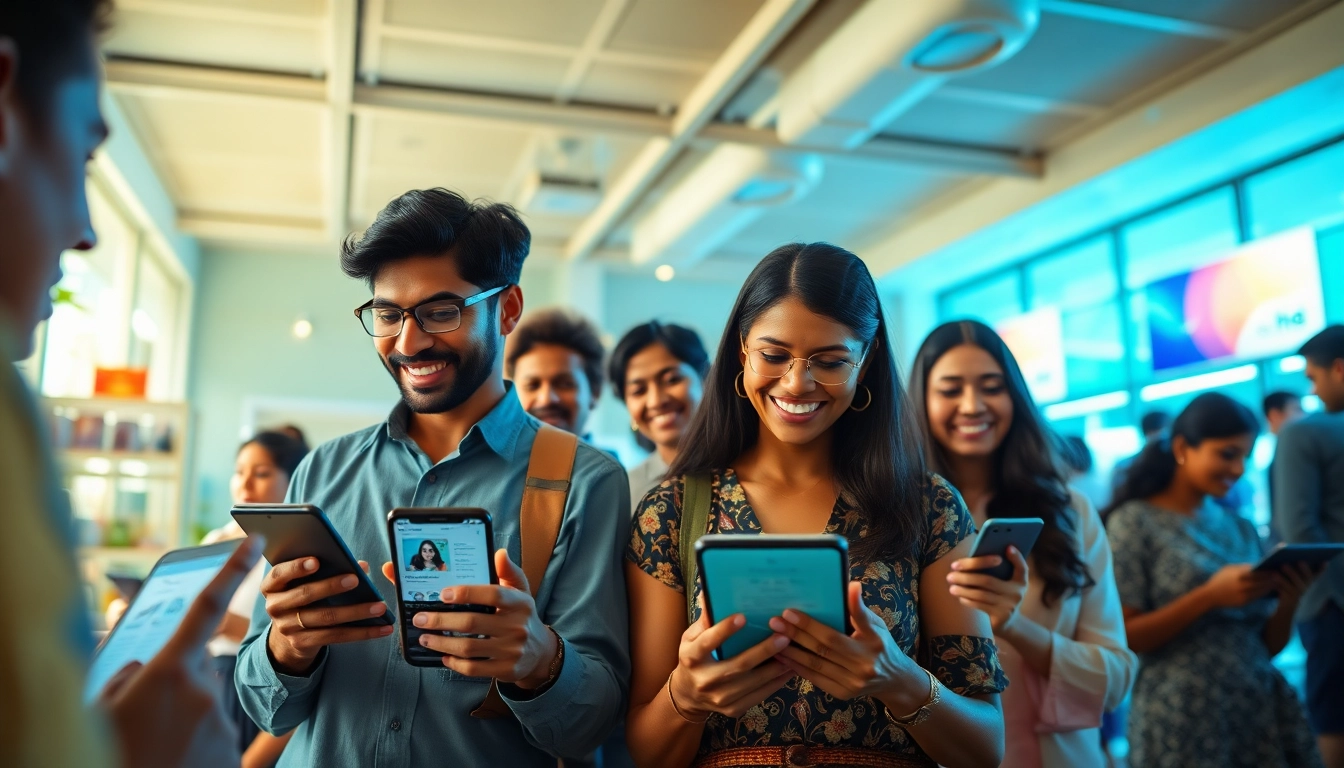 Engaging marketplace scene illustrating users interacting with Hela Ad listings for personal and spa services in Sri Lanka.