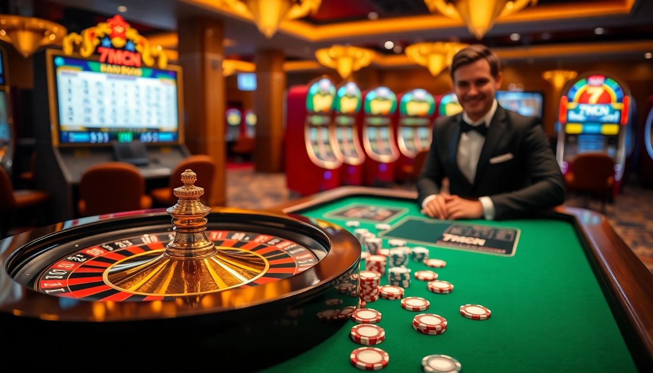 Experience thrilling gaming action with 7mcn live scores and poker chips in a luxurious casino setting.