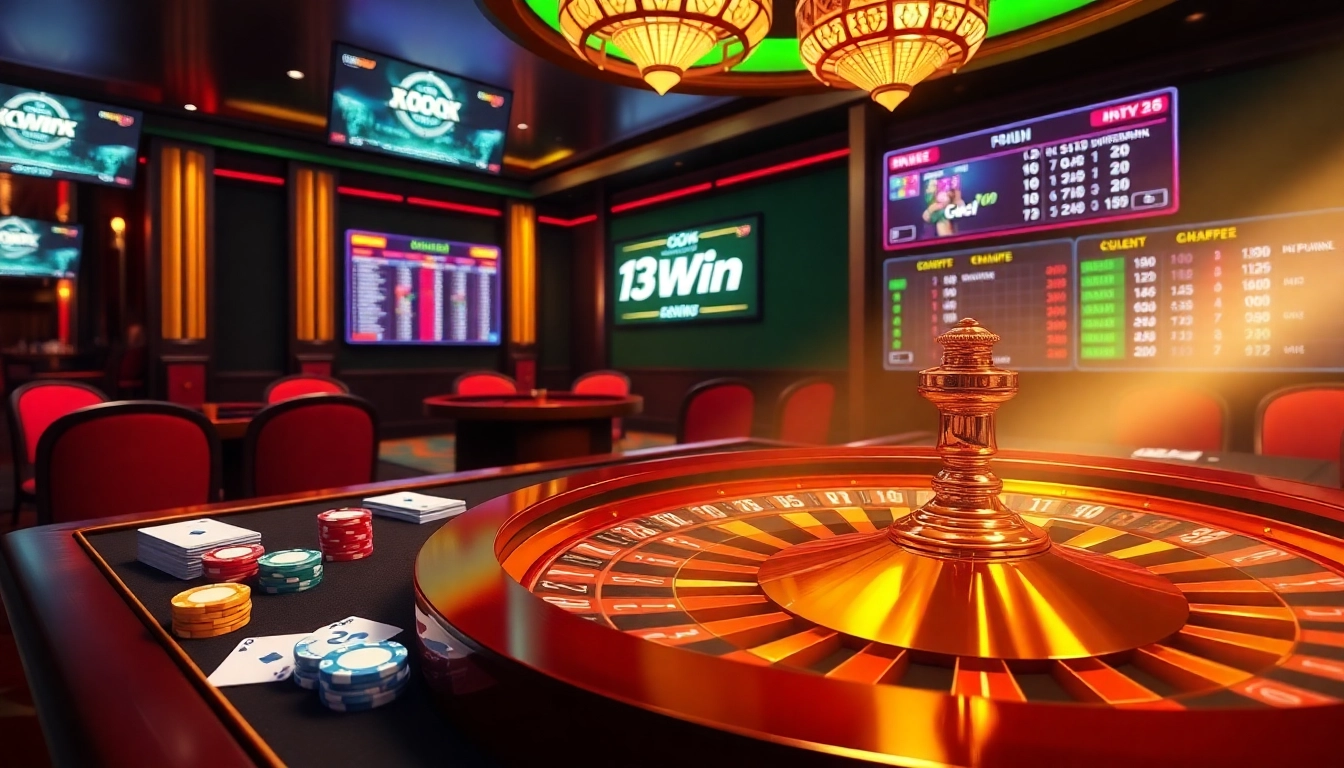 13Win casino table with poker chips, cards, and a spinning roulette wheel for online betting excitement.