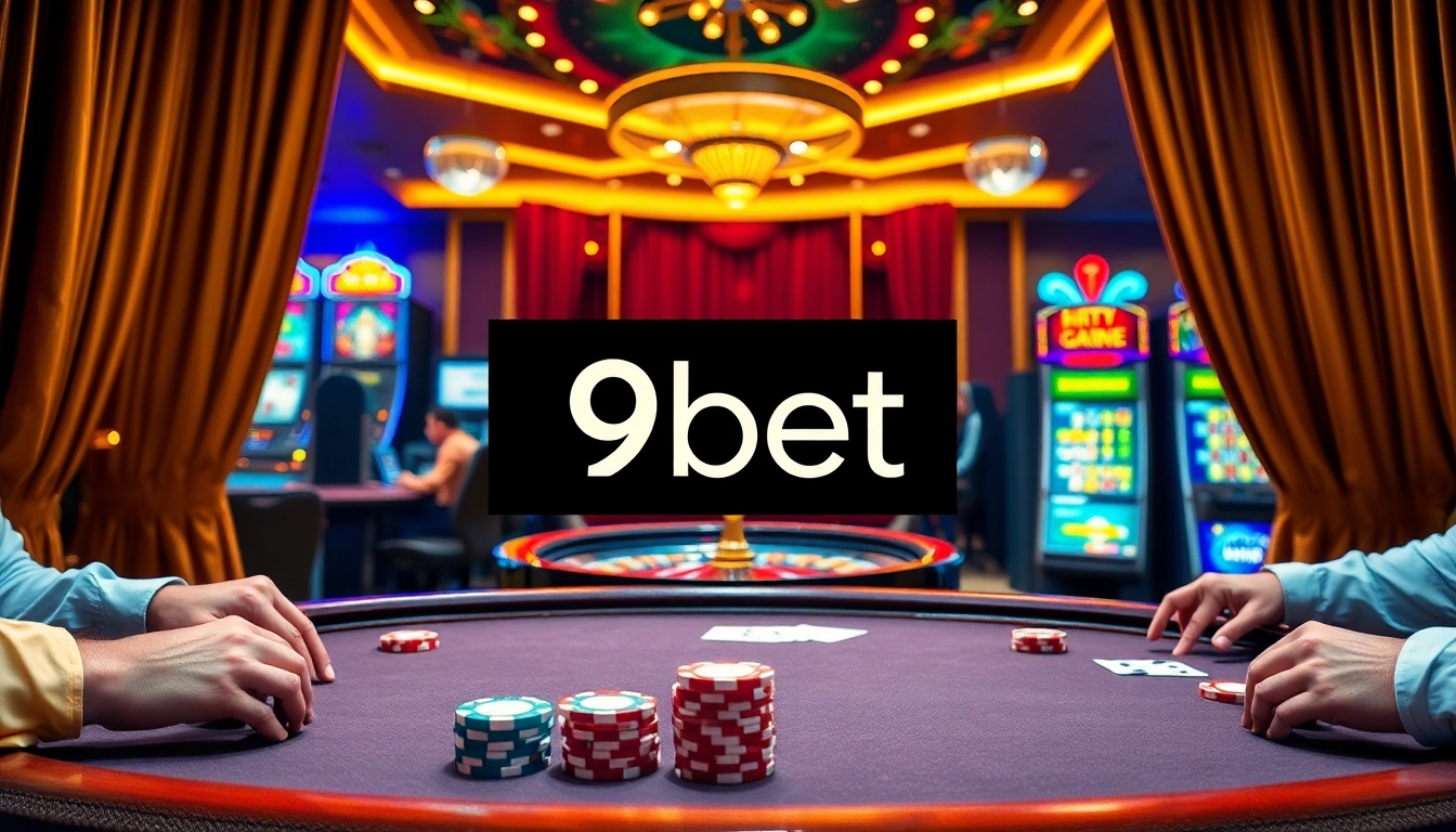 Engage with 9bet excitement at a vibrant casino, featuring poker tables and slot machines.