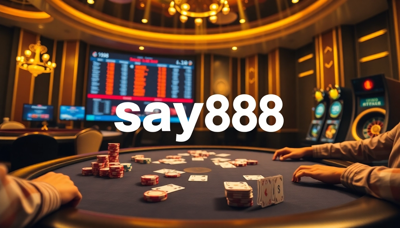 Players enjoying a thrilling poker game at say88's upscale casino, with vibrant chips and cards.