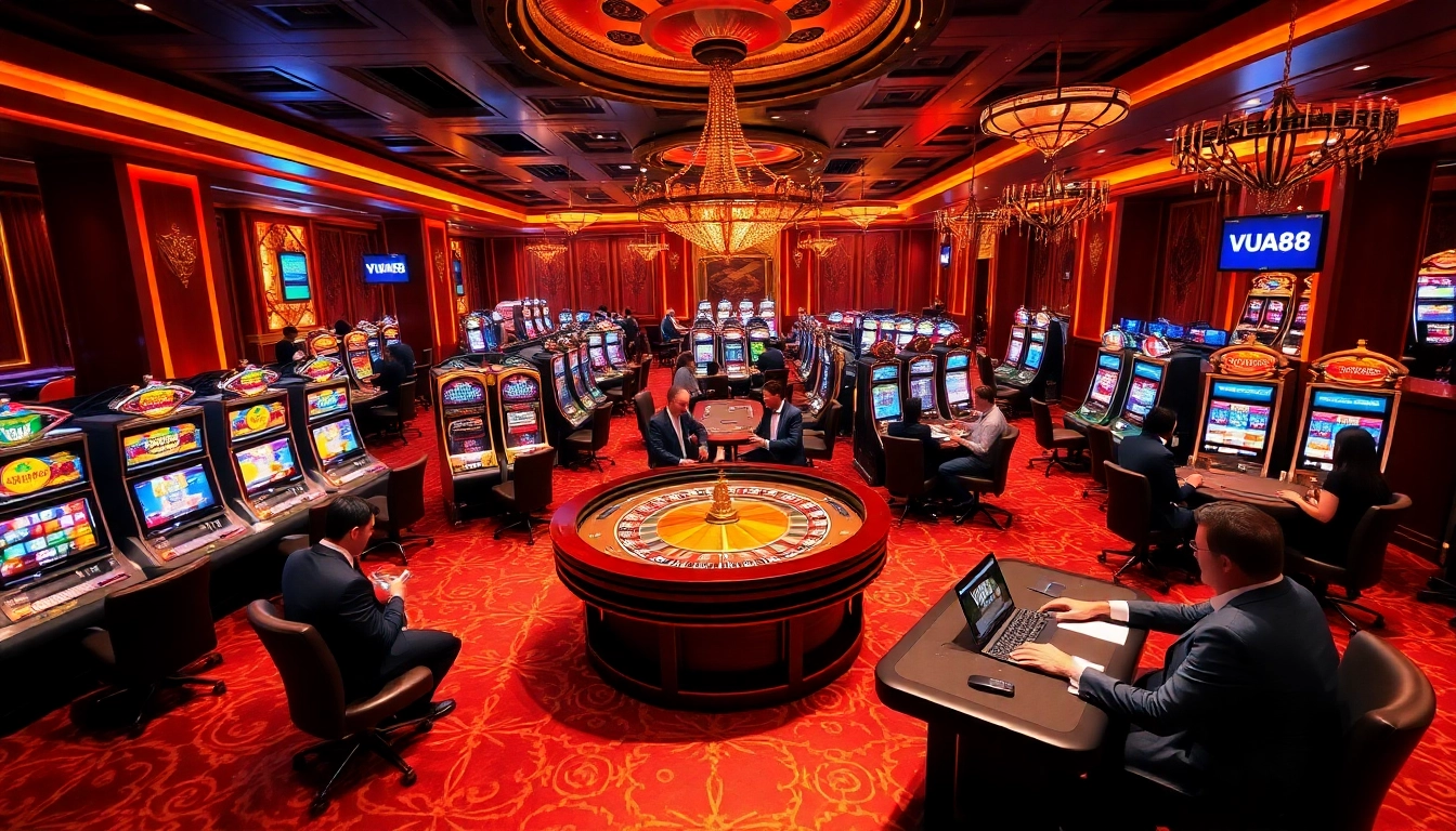 Excitement at VUA88 casino with players at roulette and poker tables
