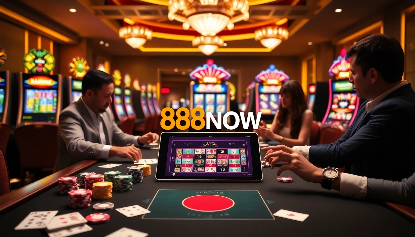 Experience the excitement of the 888NOW game with vibrant casino visuals featuring cards and chips.