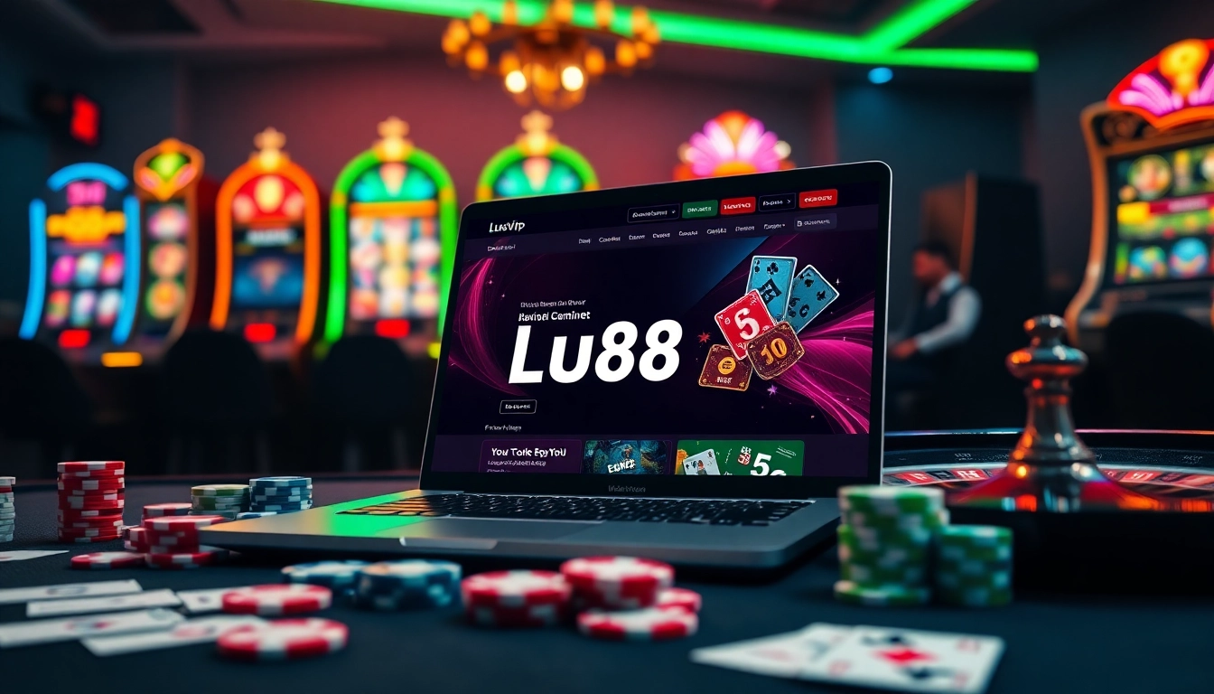 Exciting scene at https://lu88vip.net/ showcasing luxury online gambling with poker chips, roulette wheel, and vibrant neon lights.