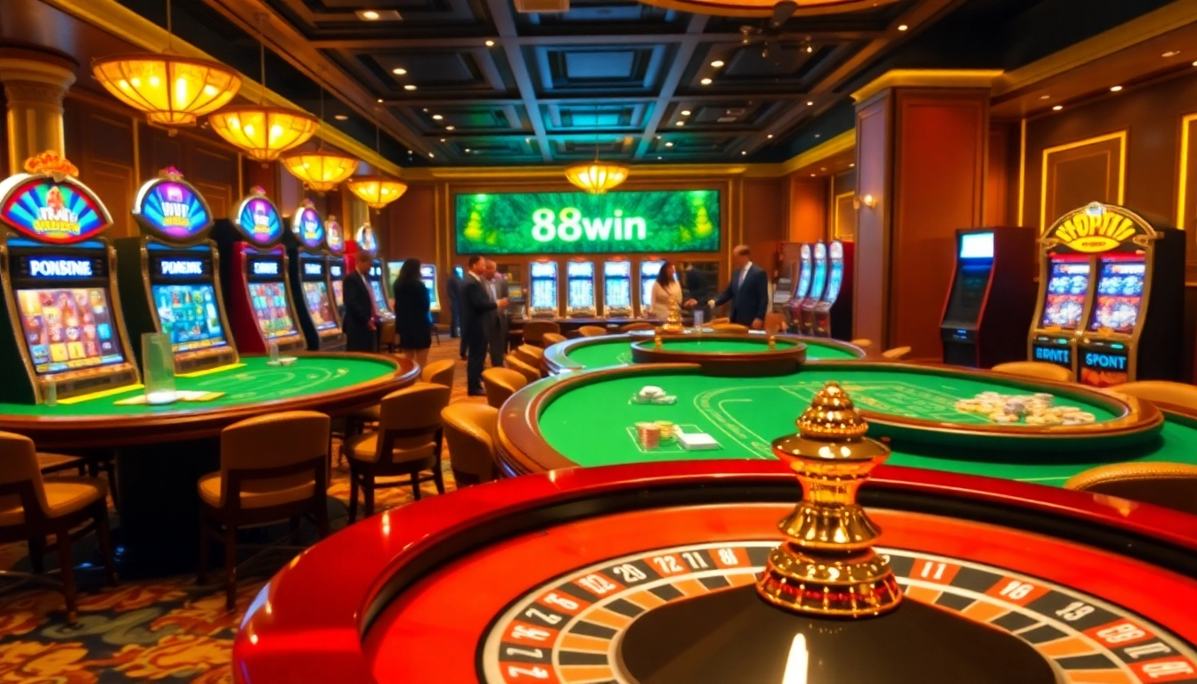 Players enjoying the excitement of 98win at a luxurious casino table, highlighting poker chips and slot machines.