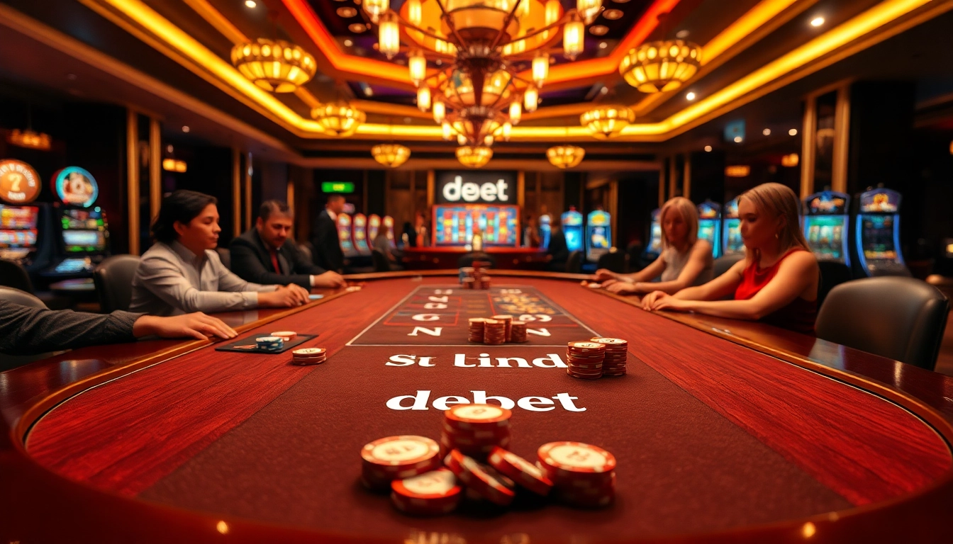 Players enjoying a thrilling poker game in a luxurious casino setting emphasizing debet chip stacks.