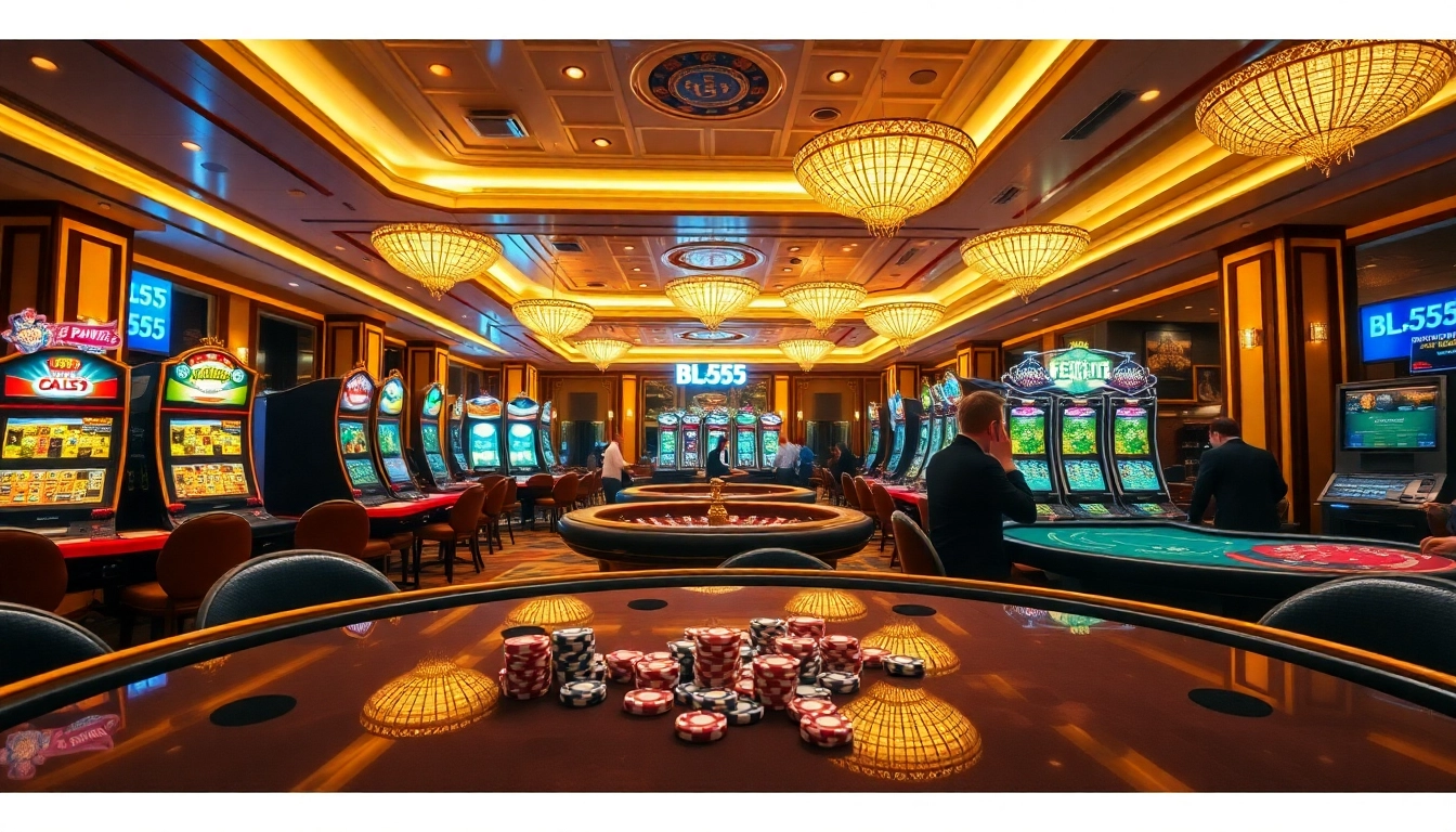 Players enjoying exciting games at BL555 casino with vibrant slot machines and stylish poker tables.
