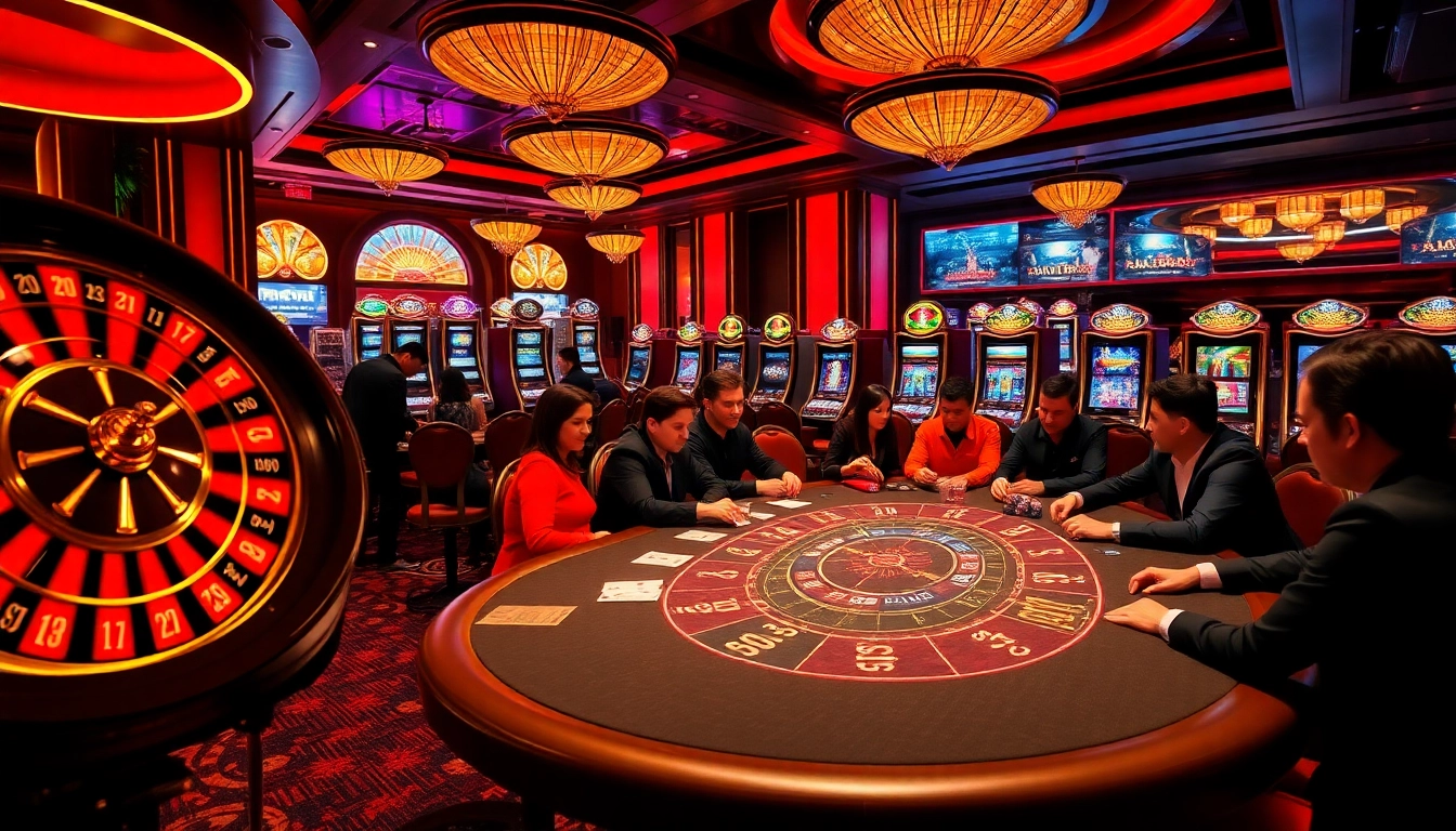 Engaged gamblers enjoy a thrilling game at https://af88.space/ featuring luxurious casino atmosphere and poker table.