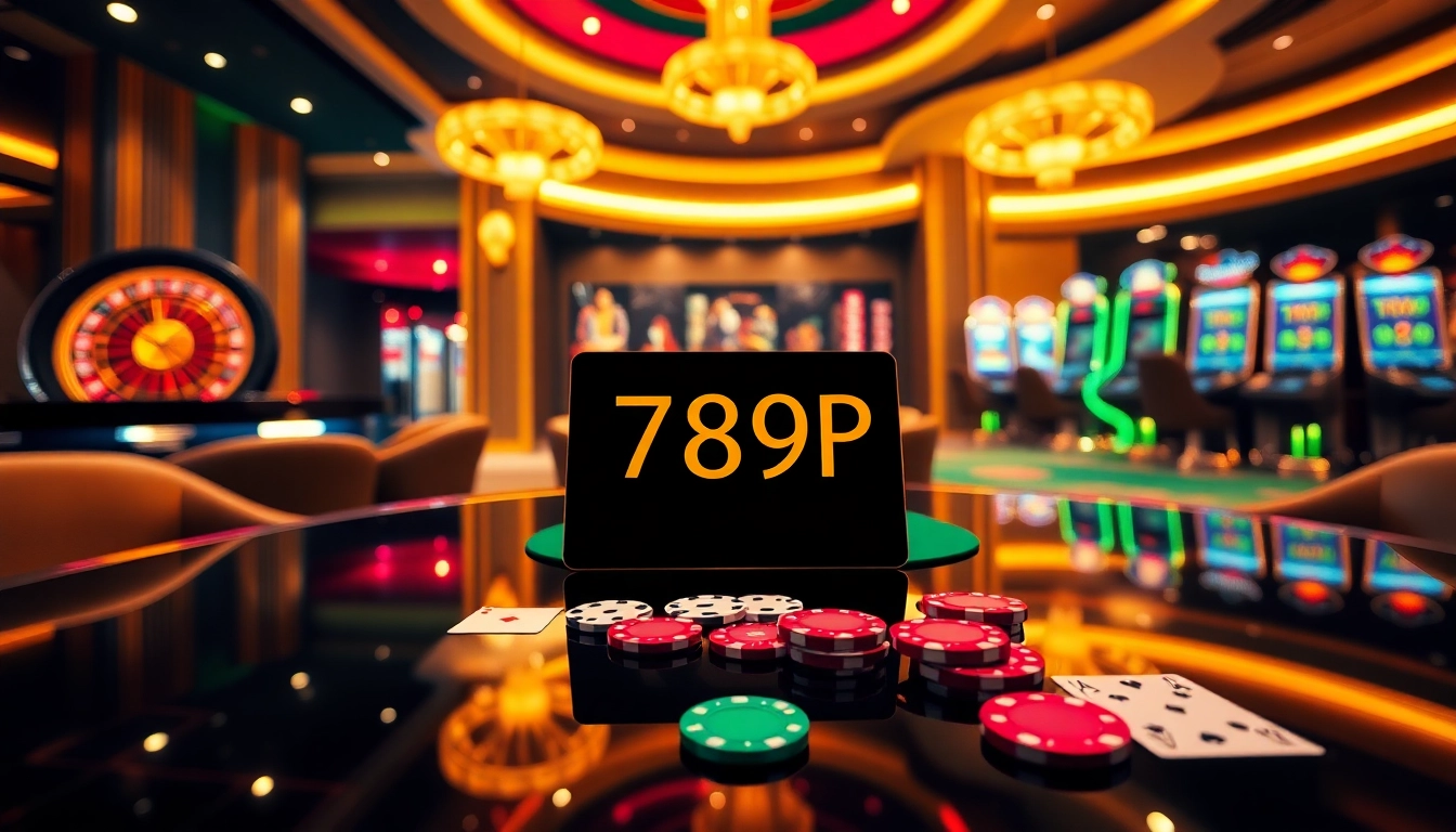 Sòng bạc trực tuyến 789P showcases a vibrant digital casino gaming scene, with poker chips and cards enhancing the excitement.