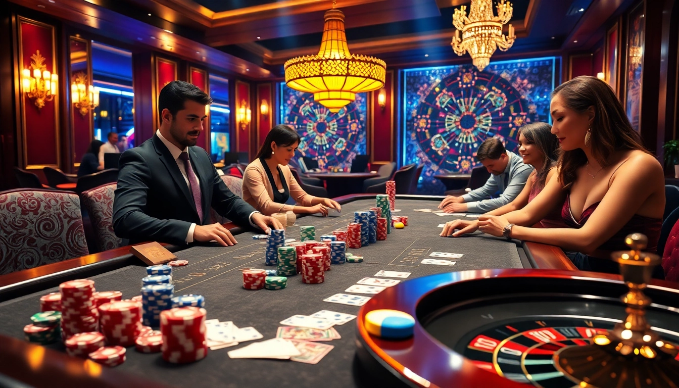 Engaging players at Vt88 nhà cái casino table with vibrant poker chips and cards.