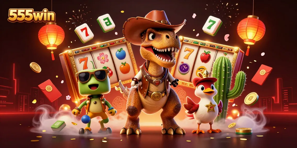 Join the excitement with 555win, showcasing a vibrant 3D casino scene filled with lavish slot game elements.
